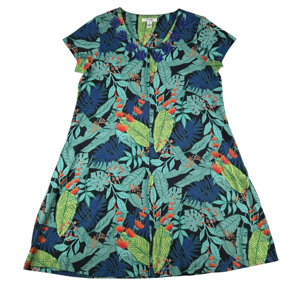 Go Softly Dress Womens M Tropical Patio Beaded A-Line Zip Front Pockets Midi